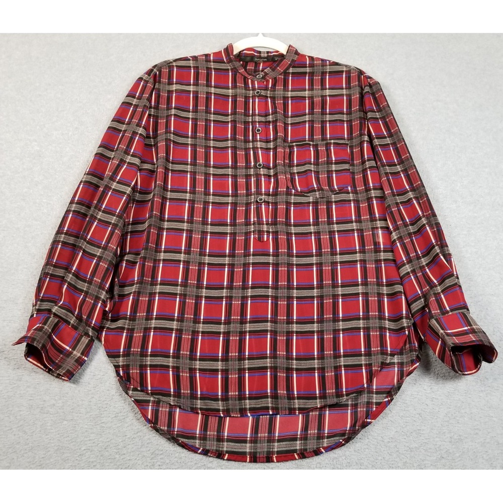 Fun 2 Fun Plaid Tunic Blouse Women M Medium Sheer Henley Band Collar Top Chiffon